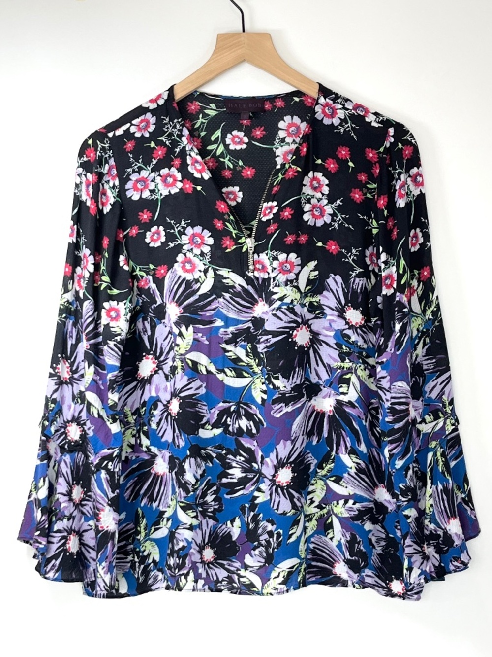 Hale Bob Black Floral Zip Neck Blouse Bell Sleeve